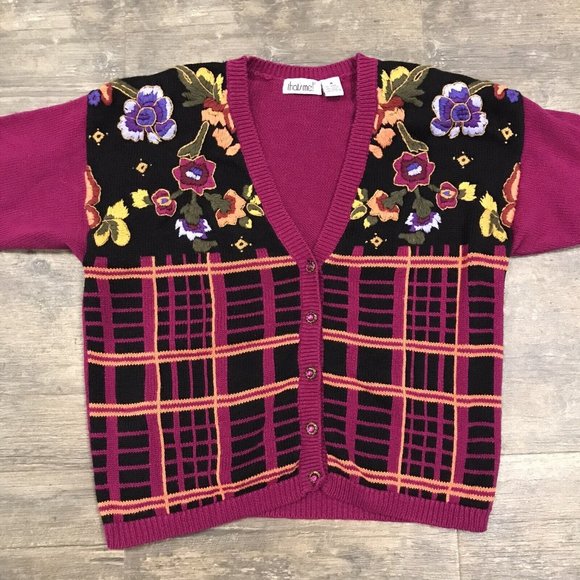 Vintage That's Me! Floral V‎ Neck Cardigan Women Size Medium Button Front - Picture 2 of 9
